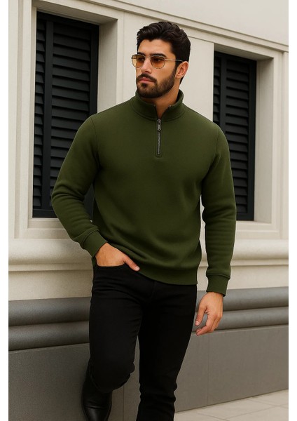 Erkek Trend Kışlık Haki Fermuarlı Sweatshirt modelleri
