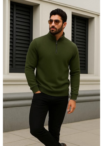 Erkek Trend Kışlık Haki Fermuarlı Sweatshirt fırsatları