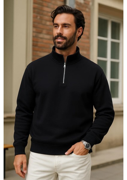 Erkek Kışlık Siyah Oversize Fermuarlı Sweatshirt