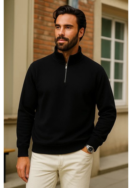 Erkek Kışlık Siyah Oversize Fermuarlı Sweatshirt fırsatları