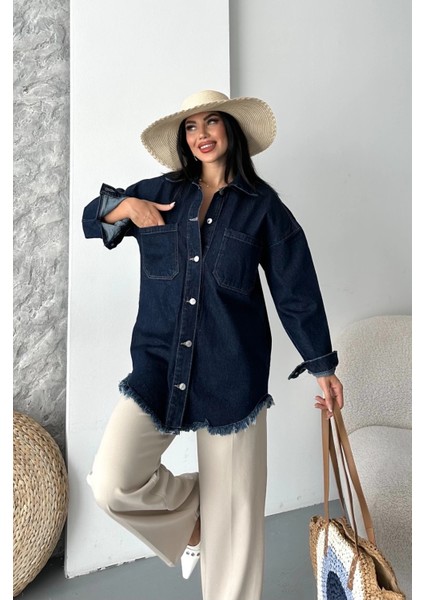 Techmrt Cepli Püsküllü Kar Yıkama Kot Ceket Koyu Mavi D2515 (Beden: M)