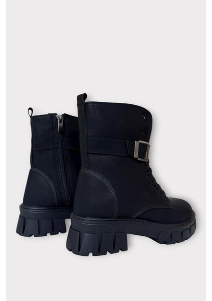 Kalın Taban Fermuarlı Postal Kadın Bot Siyah - Gümüş fırsatları