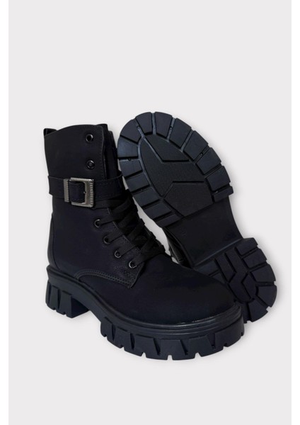 Kalın Taban Fermuarlı Postal Kadın Bot Siyah - Gümüş indirimleri