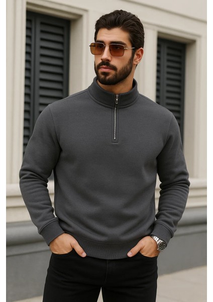 Erkek Trend Kışlık Antrasit Fermuarlı Sweatshirt