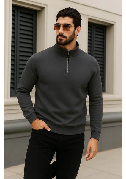 Erkek Trend Kışlık Antrasit Fermuarlı Sweatshirt fırsatları