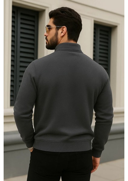Erkek Trend Kışlık Antrasit Fermuarlı Sweatshirt
