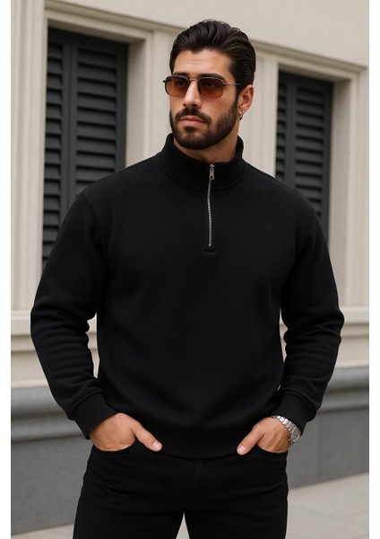 Erkek Trend Kışlık Siyah Fermuarlı Sweatshirt fiyatları