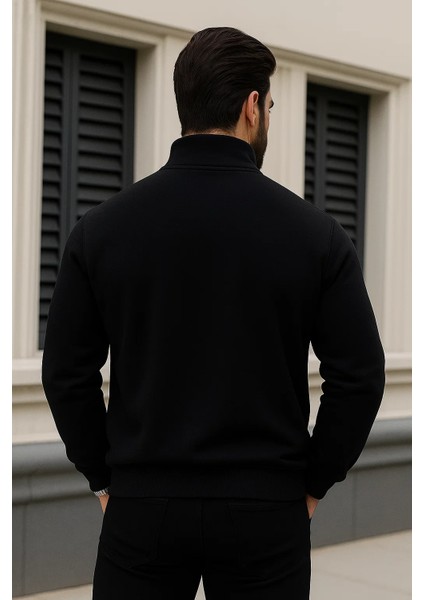 Erkek Trend Kışlık Siyah Fermuarlı Sweatshirt
