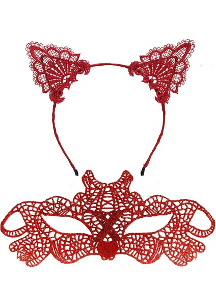 Ateş Kırmızısı Dantel Taç ve Maske Seti 10 No - Maskeli Balo Özel Gün Seti - Lisinya fiyatları