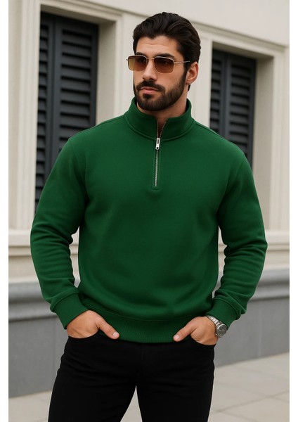 Erkek Trend Kışlık Yeşil Fermuarlı Sweatshirt fiyatları