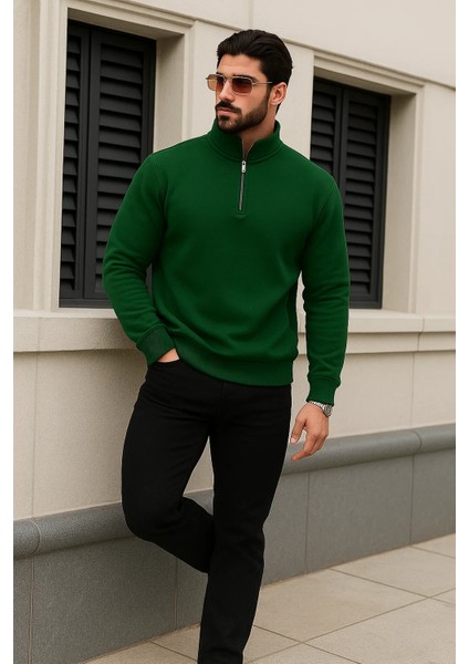 Erkek Trend Kışlık Yeşil Fermuarlı Sweatshirt modelleri