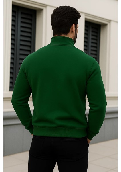 Erkek Trend Kışlık Yeşil Fermuarlı Sweatshirt indirimleri