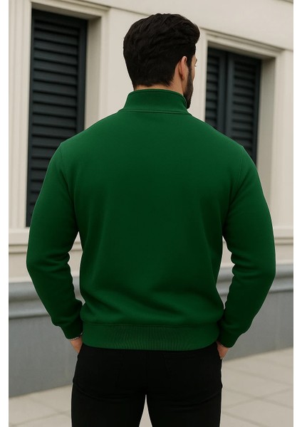 Erkek Trend Kışlık Yeşil Fermuarlı Sweatshirt