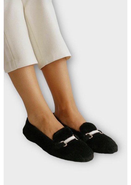 Yumuşak Peluş Ses Yapmaz Hafif Taban Kadın Ev Babeti Panduf Siyah