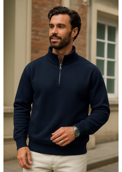 Erkek Kışlık Lacivert Oversize Fermuarlı Sweatshirt