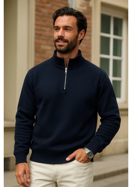 Erkek Kışlık Lacivert Oversize Fermuarlı Sweatshirt fiyatları