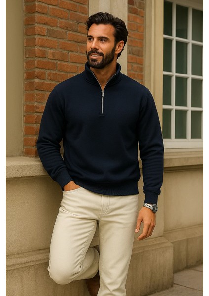 Erkek Kışlık Lacivert Oversize Fermuarlı Sweatshirt modelleri