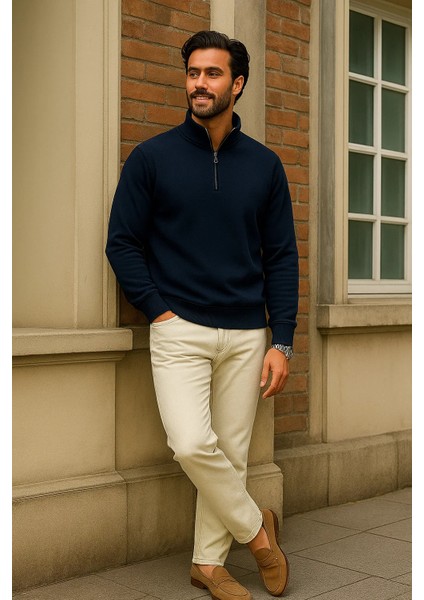 Erkek Kışlık Lacivert Oversize Fermuarlı Sweatshirt fırsatları