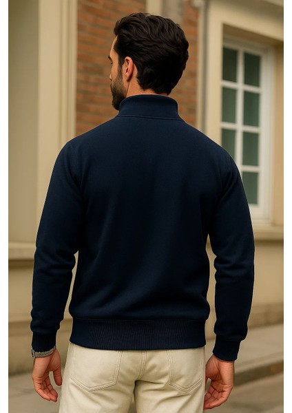 Erkek Kışlık Lacivert Oversize Fermuarlı Sweatshirt
