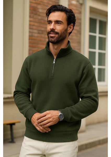 Erkek Kışlık Haki Oversize Fermuarlı Sweatshirt
