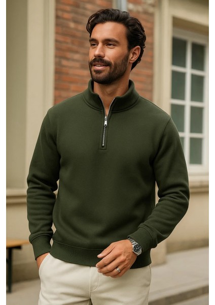 Erkek Kışlık Haki Oversize Fermuarlı Sweatshirt fiyatları