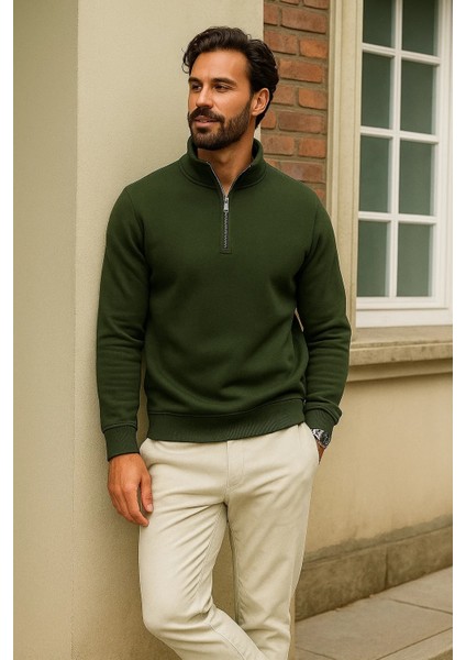 Erkek Kışlık Haki Oversize Fermuarlı Sweatshirt modelleri