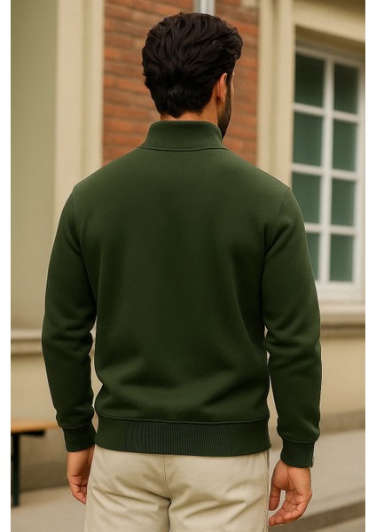 Erkek Kışlık Haki Oversize Fermuarlı Sweatshirt