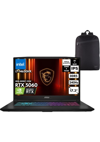 Msı Katana 17 Hx I7-14650HX 16-Gbddr5 1 Tbssd RTX5060 (8GB-GDDR7-115W) 17.3" 2k Qhd 240Hz IPS Windows 10 Pro + Hmf Sırt Çantası B14WFK-257XTRHMF46