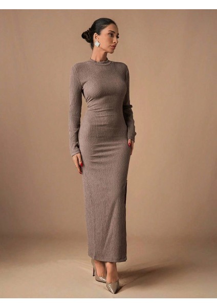 Techmrt Yırtmaçlı Kalın Bürümcük Uzun Elbise Vizon (Beden: S) fiyatları