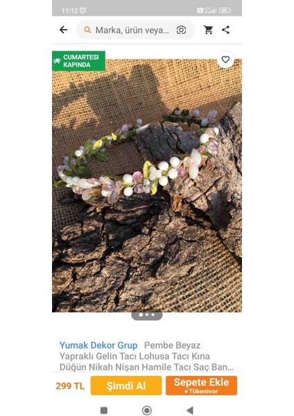 Pembe Beyaz Tekli Yeşil Yapraklı Gelin Nişan Söz Kına Lohusa Tacı Aksesuar