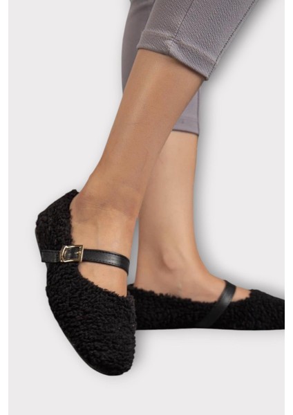 Yumuşak Peluş Ses Yapmaz Hafif Taban Kemerli Kadın Ev Babeti Panduf Siyah