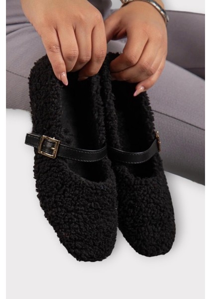 Yumuşak Peluş Ses Yapmaz Hafif Taban Kemerli Kadın Ev Babeti Panduf Siyah modelleri