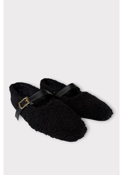 Yumuşak Peluş Ses Yapmaz Hafif Taban Kemerli Kadın Ev Babeti Panduf Siyah