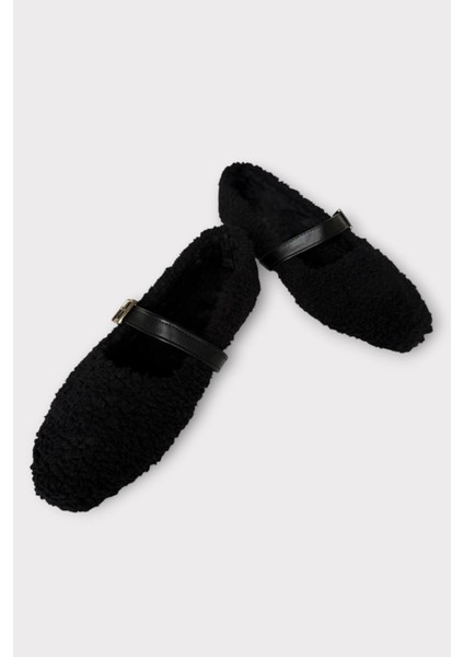 Yumuşak Peluş Ses Yapmaz Hafif Taban Kemerli Kadın Ev Babeti Panduf Siyah