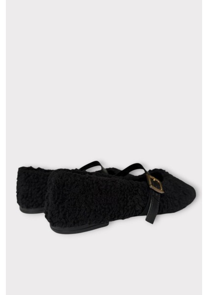 Yumuşak Peluş Ses Yapmaz Hafif Taban Kemerli Kadın Ev Babeti Panduf Siyah