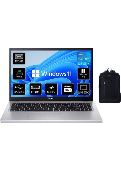 Aspire AG15-71P Intel Core I5 1334U 16 GB 512 GB SSD 15,6'' Fhd IPS Windows 11 Pro Taşınabilir Bilgisayar +Boz Çanta
