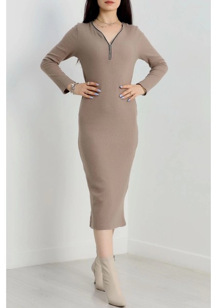 Techmrt Fermuar Detaylı Fitilli Şardonlu Elbise Bej A3178 (Beden: Standart)