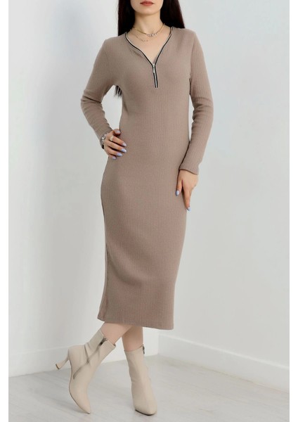 Techmrt Fermuar Detaylı Fitilli Şardonlu Elbise Bej A3178 (Beden: Standart) fiyatları