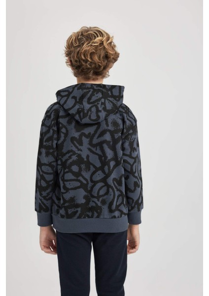 Erkek Çocuk Oversize Geniş Kalıp Desenli Kapüşonlu Sweatshirt