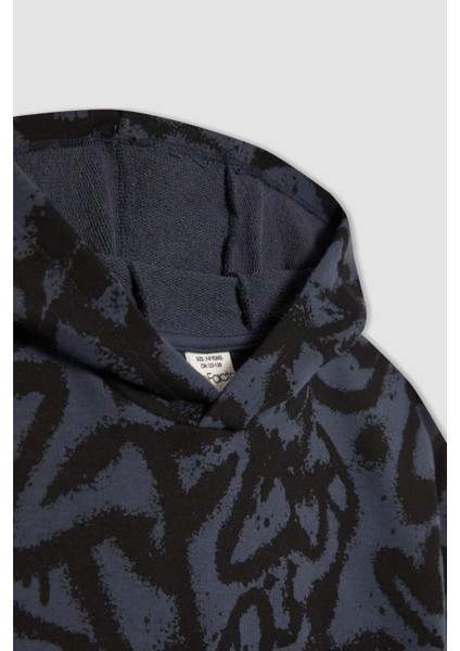 Erkek Çocuk Oversize Geniş Kalıp Desenli Kapüşonlu Sweatshirt