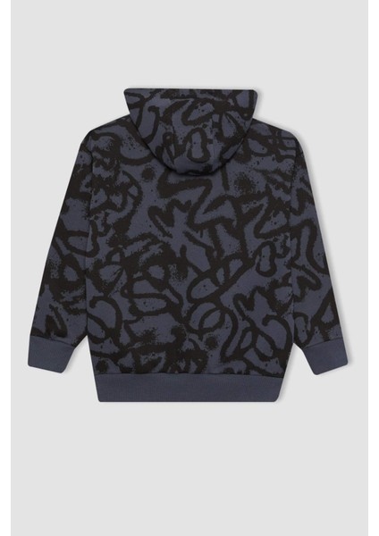 Erkek Çocuk Oversize Geniş Kalıp Desenli Kapüşonlu Sweatshirt