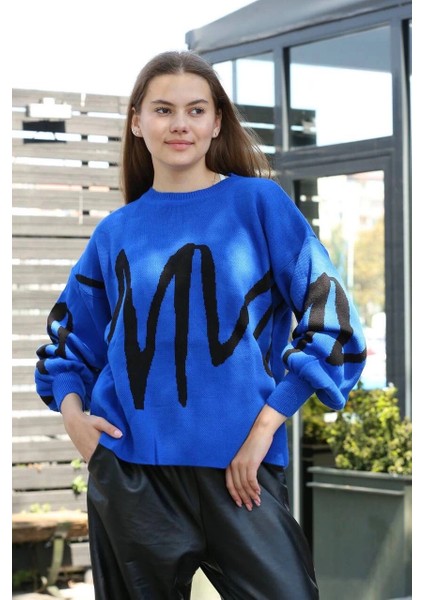 Techmrt Siyah Çizgili Bisiklet Yaka Kazak Saks (Beden: Standart)