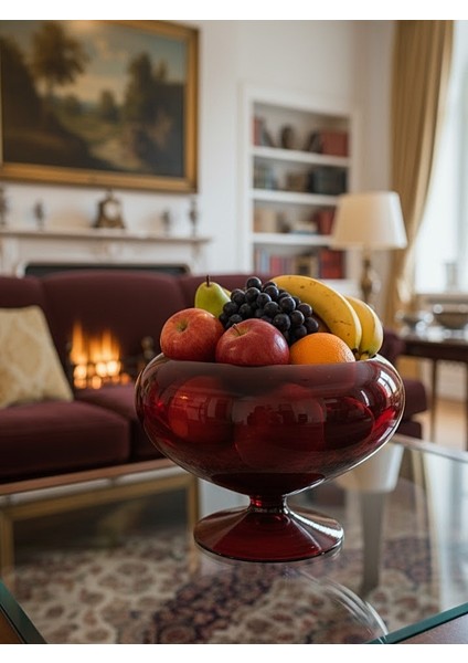 Kırmızı Ayaklı Cam Meyvelik (22 cm) - Büyük Boy Dekoratif Sunum Kasesi