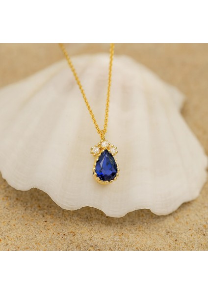 14 Ayar Altın Mavi Safir Damla Kolye