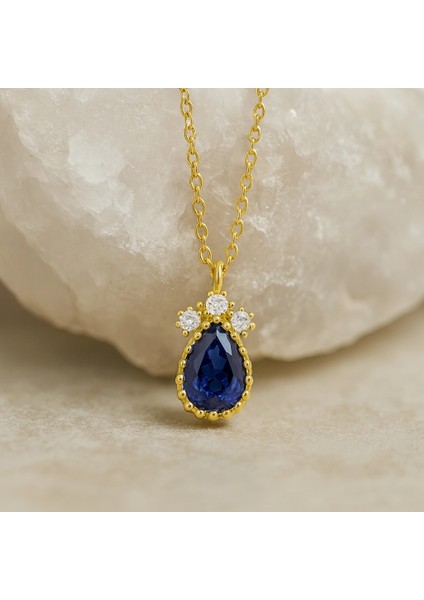 14 Ayar Altın Mavi Safir Damla Kolye modelleri