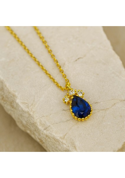 14 Ayar Altın Mavi Safir Damla Kolye indirimleri