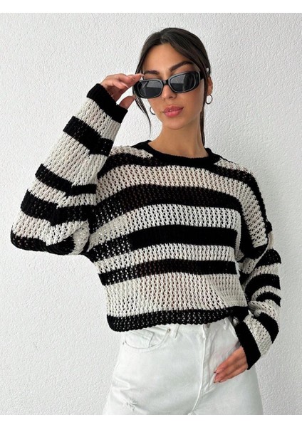 Techmrt Çizgili Bisiklet Yaka Triko Kazak Beyazsiyah (Beden: Standart) fiyatları