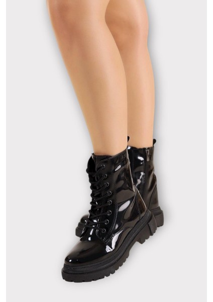 Kalın Taban Fermuarlı Postal Kadın Bot Siyah - Siyah indirimleri