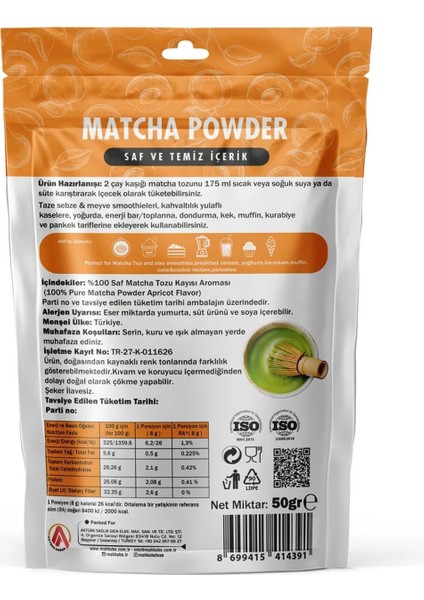 Kayısı Aromalı Matcha ( Maça ) Çayı Tozu Glutensiz 50GR fiyatları