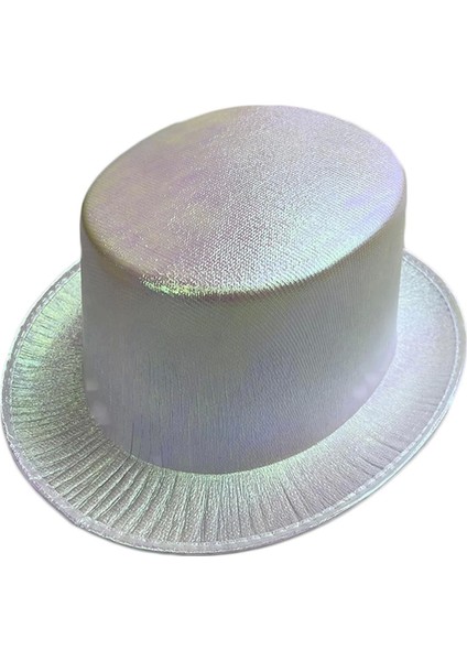 Beyaz Renk Işıltılı Hologram Kumaş Kaplama Fötr Silindir Şapka Yetişkin Boy - Lisinya